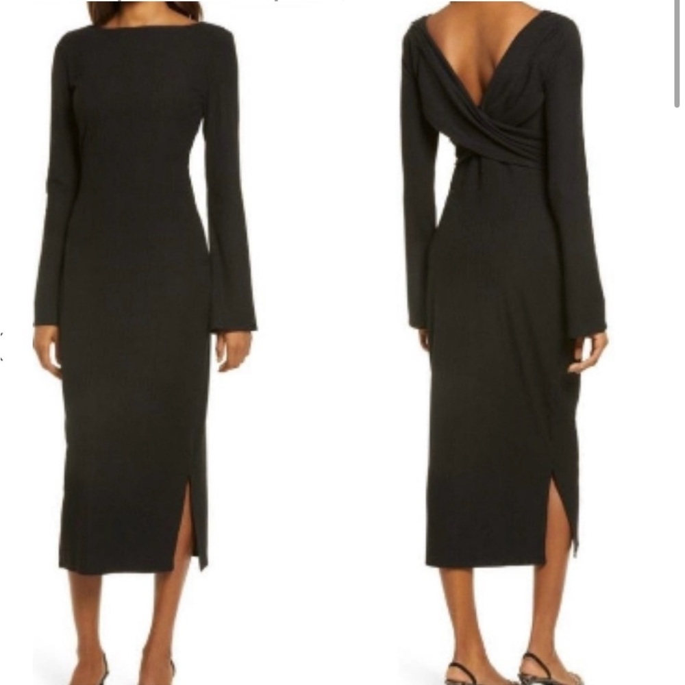 NWT Reformation Nessa Ribbed Midi Dress Black Long Sleeve Twist Back S - Picture 4 of 16